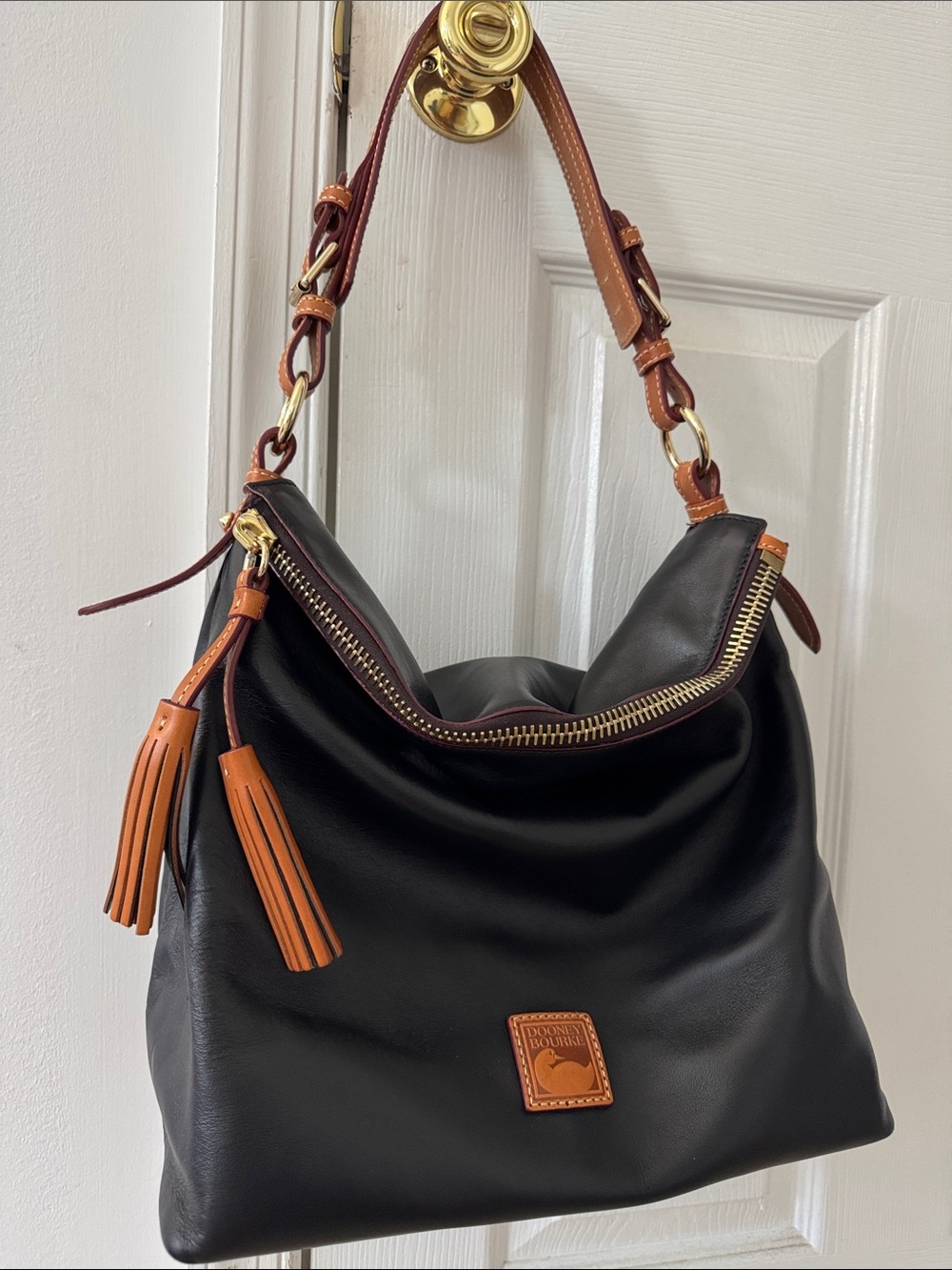 Dooney & Bourke Black Leather Shoulder Bag with Tan Trim